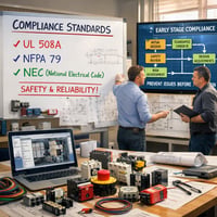 The image depicts a modern engineering workspace filled with technical drawings schematics and compliance checklists related to machine design A large