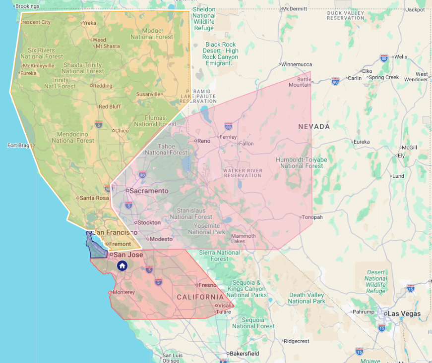 Google Map Image Showing Dynamic Sales Coverage Area