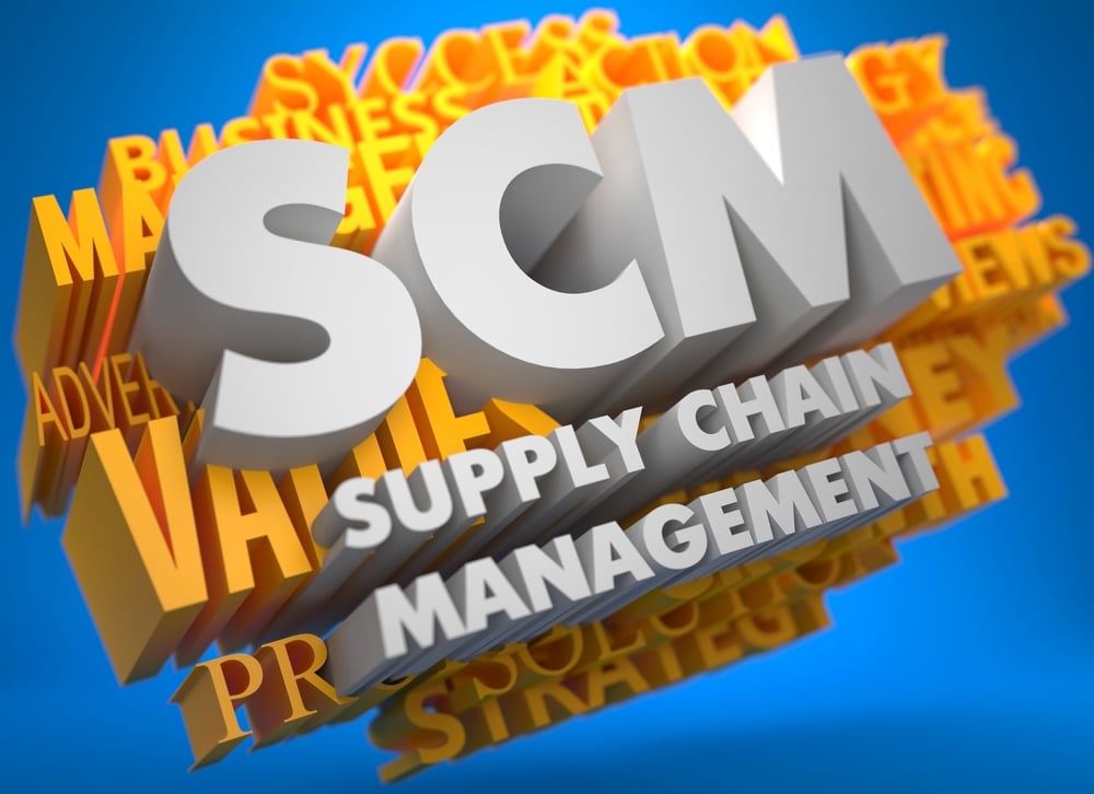 SCM - Supply Chain Management. The Words in White Color on Cloud of Yellow Words on Blue Background. SCM - Supply Chain Management. The Words in White Color on Cloud of Yellow Words on Blue Background.