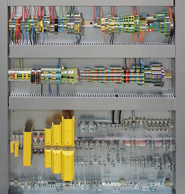 Control panel with rows of DIN-rail terminal blocks, wire duct and busbar