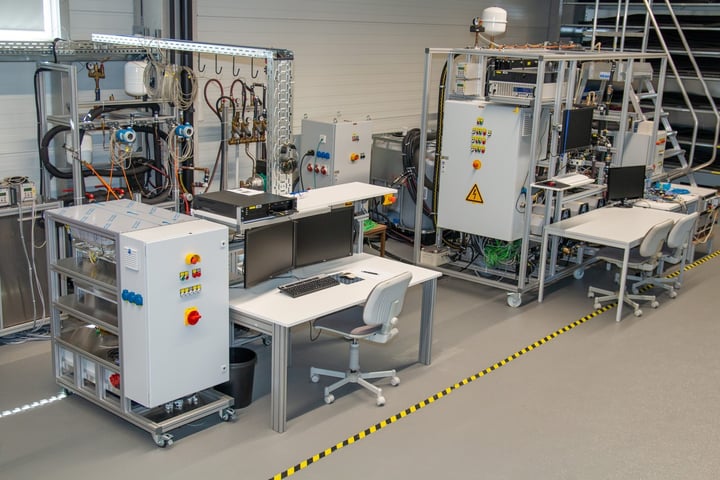 Equipment test benches with control cabinets, instruments and bench PCs