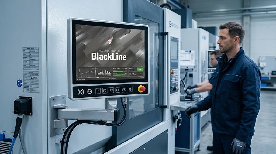 GETT InduSmart BlackLine panel PC on a production machine, operator at the touch screen